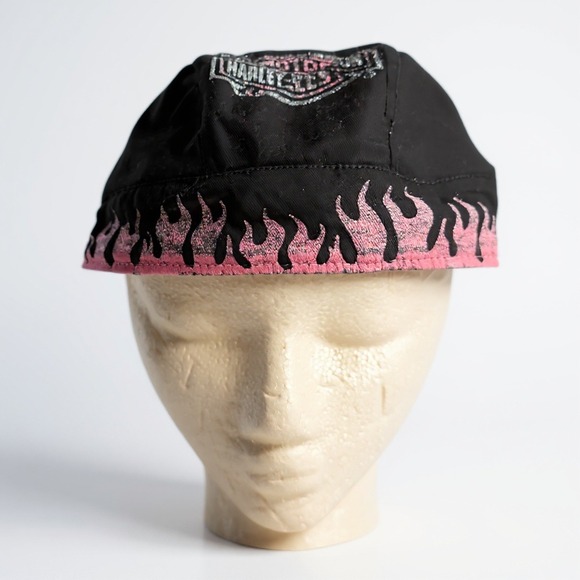 Harley Davidson Skull Cap Black Pink Flames Cotton‎ Biker Tie Back - Picture 1 of 8